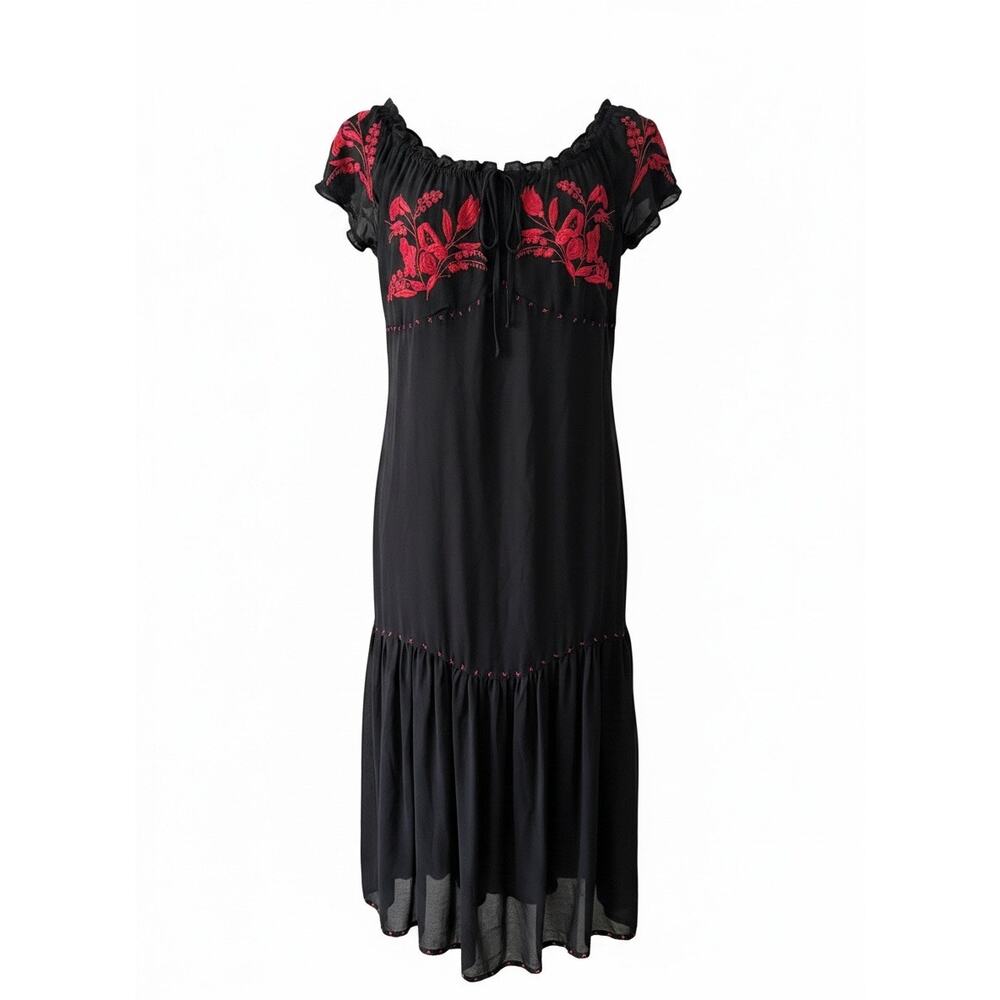 Black Silk Embroidered Midi Dress – Vintage-Inspired Boho